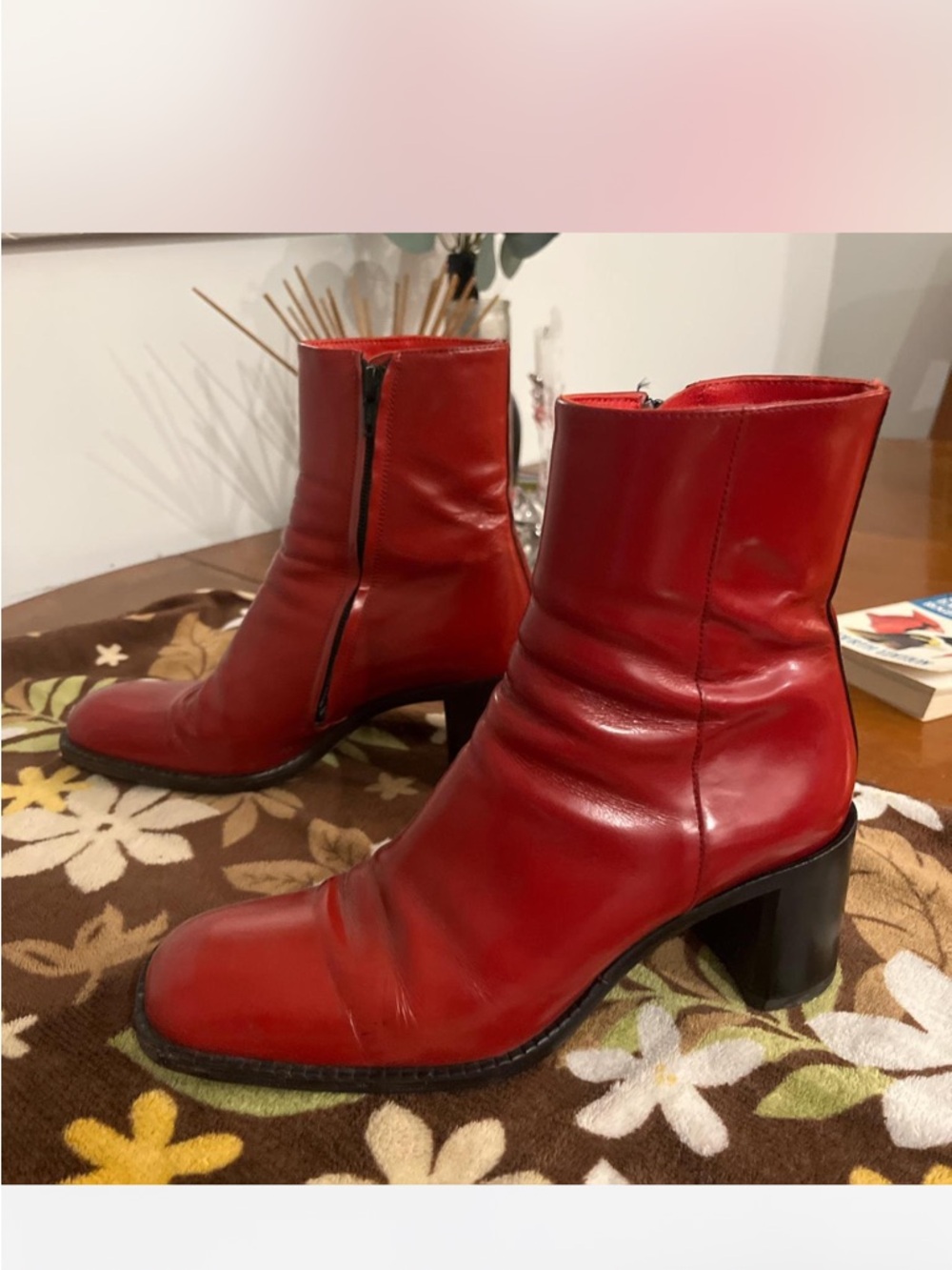 Vintage Freelance Paris Red Leather Ankle Boots with Block Heel